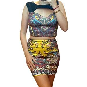 Bebe | Yellow Multi Color Floral Print Crop Tank Matching Skirt 2 Piece Set